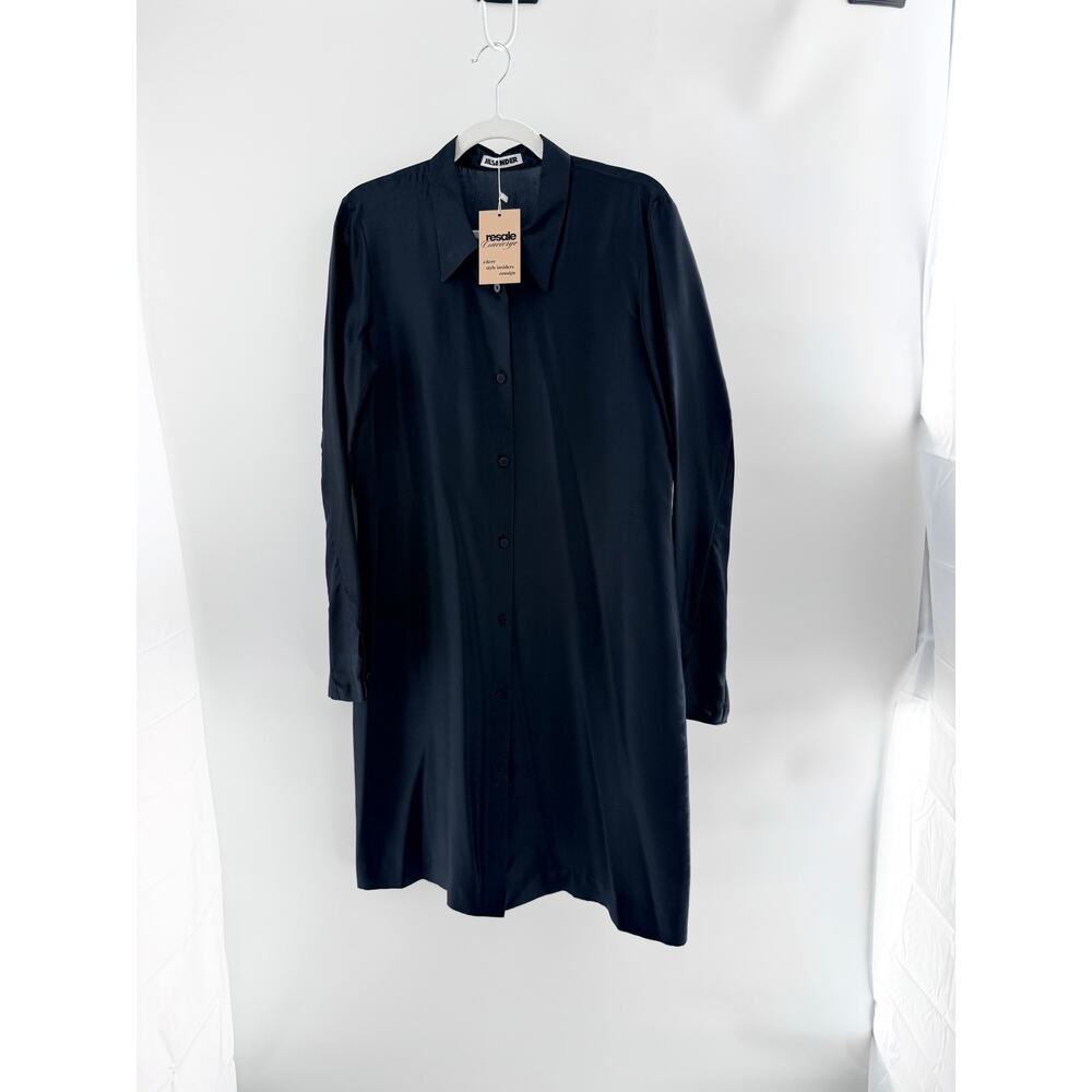 Jil Sander 100% Silk Long Sleeve Collared Midi Shirt Dress Black Women's Size 8
